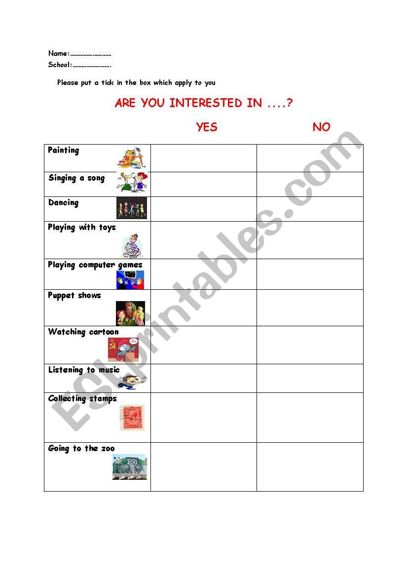 Are you interested in...? worksheet
