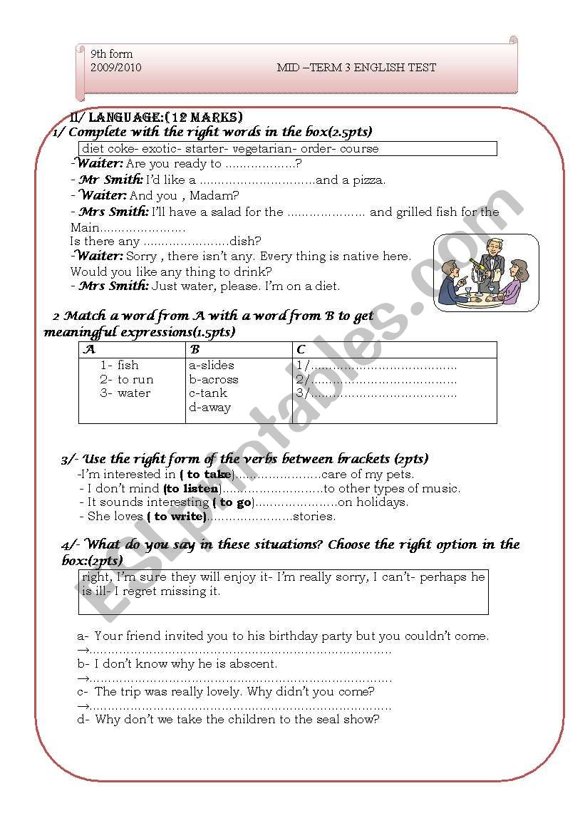 language part of mid-term 3 test for 9th form pupils