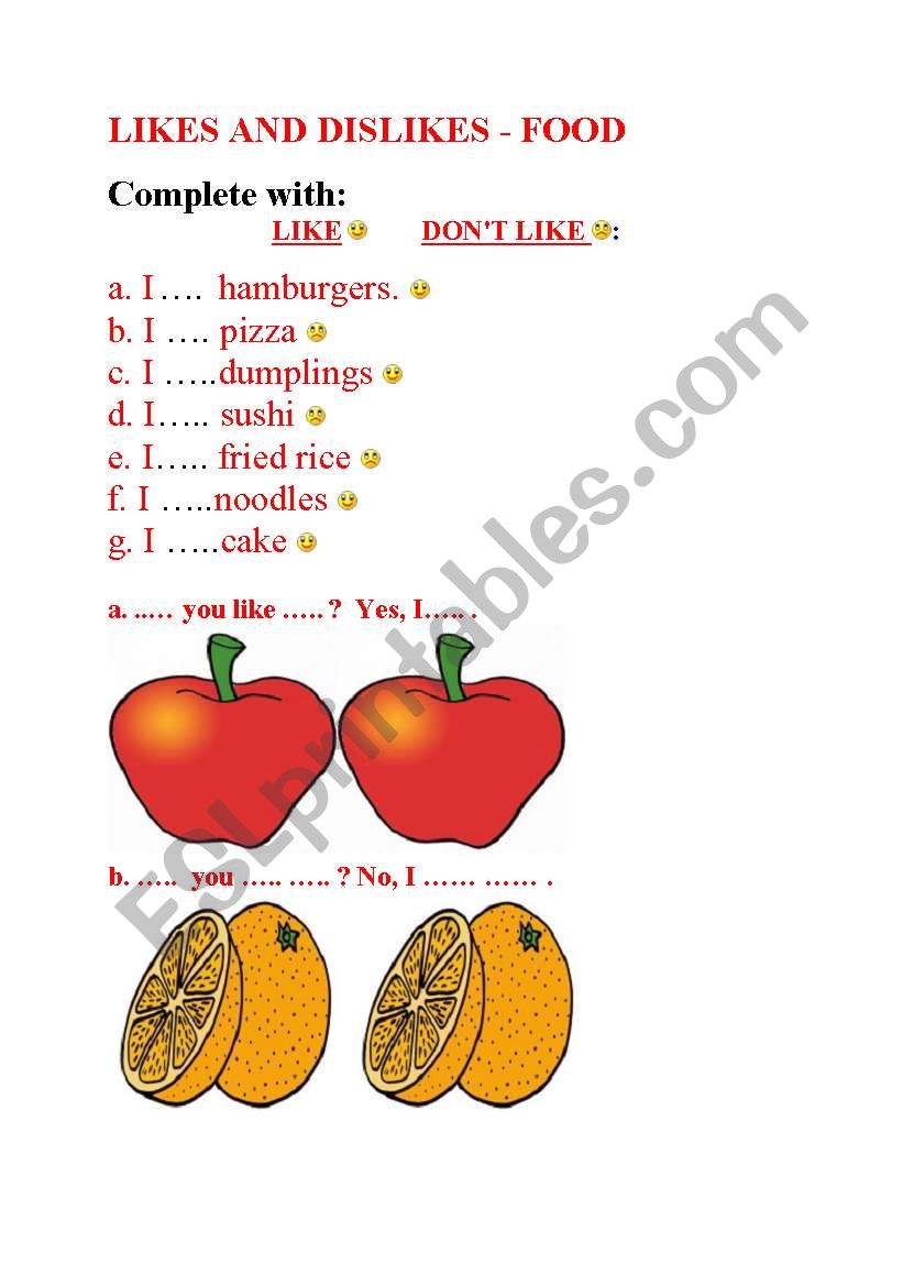 like and dislike food worksheet