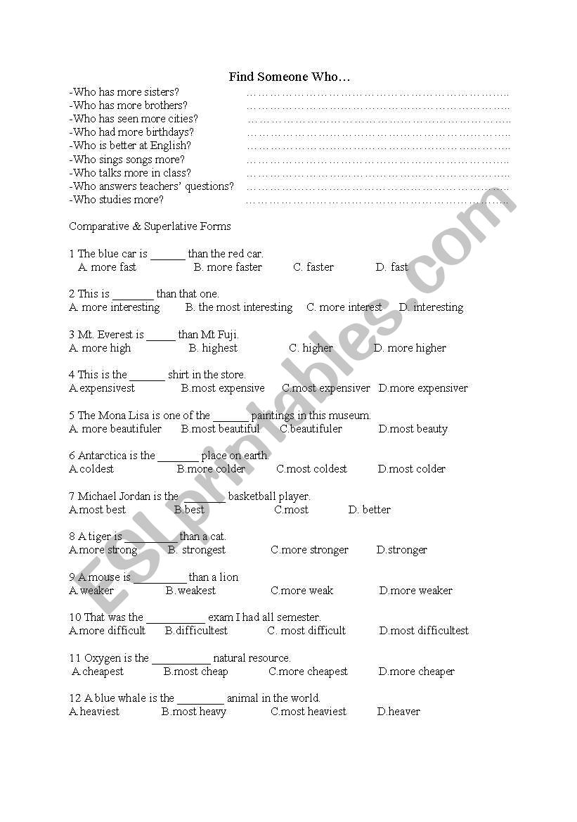 Comparatives and Superlatives worksheet