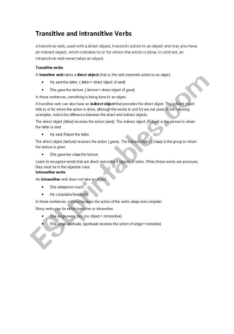 transitive, intransiteve verb worksheet