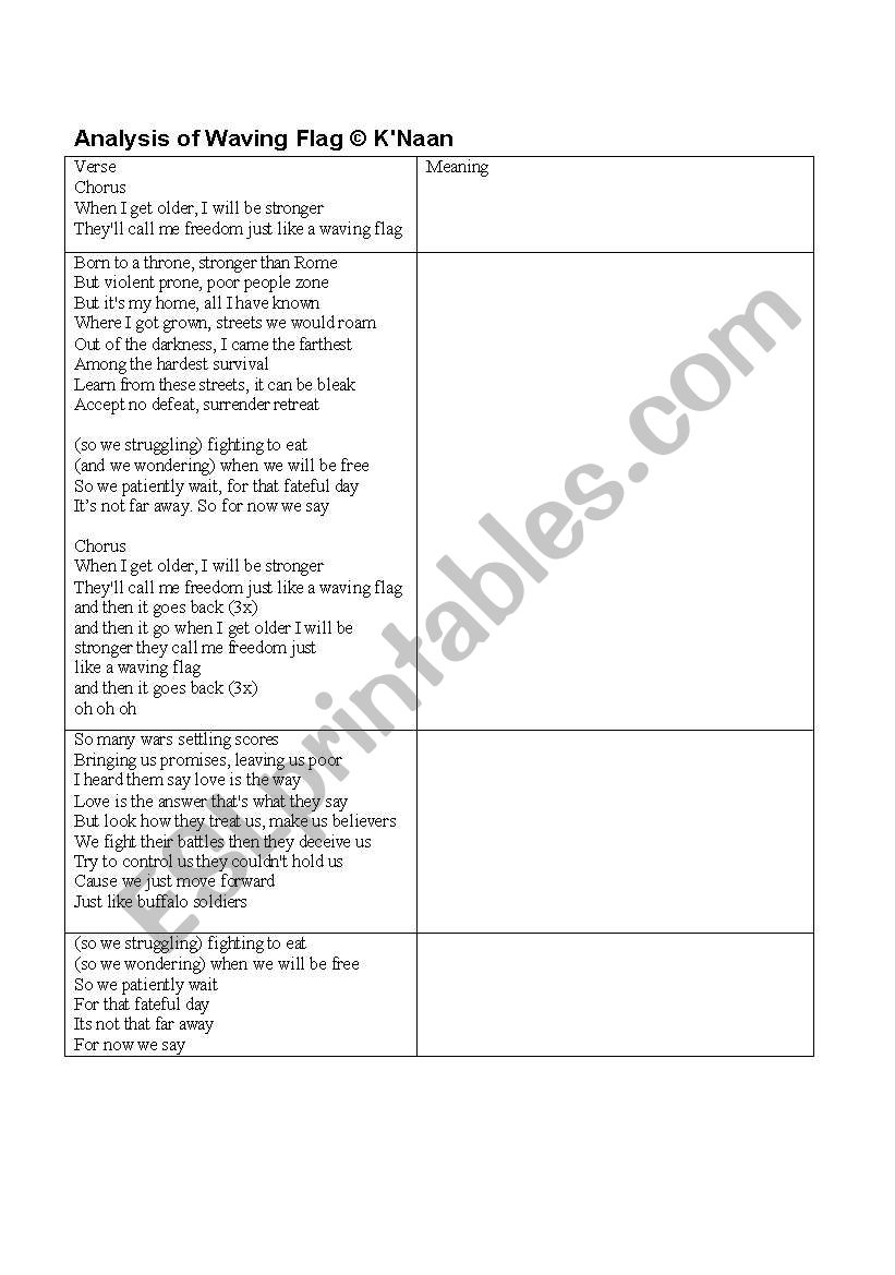 Waving Flag Analysis worksheet