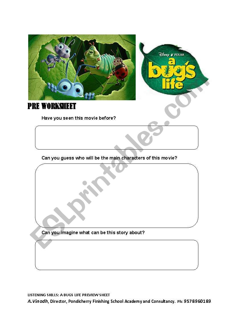 A Bugs Life: Preview Sheet worksheet