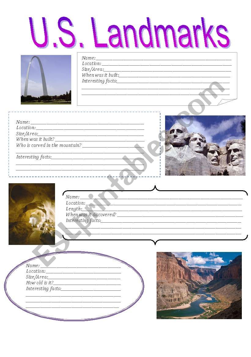 U.S. Landmarks (Part 1 of 2) worksheet