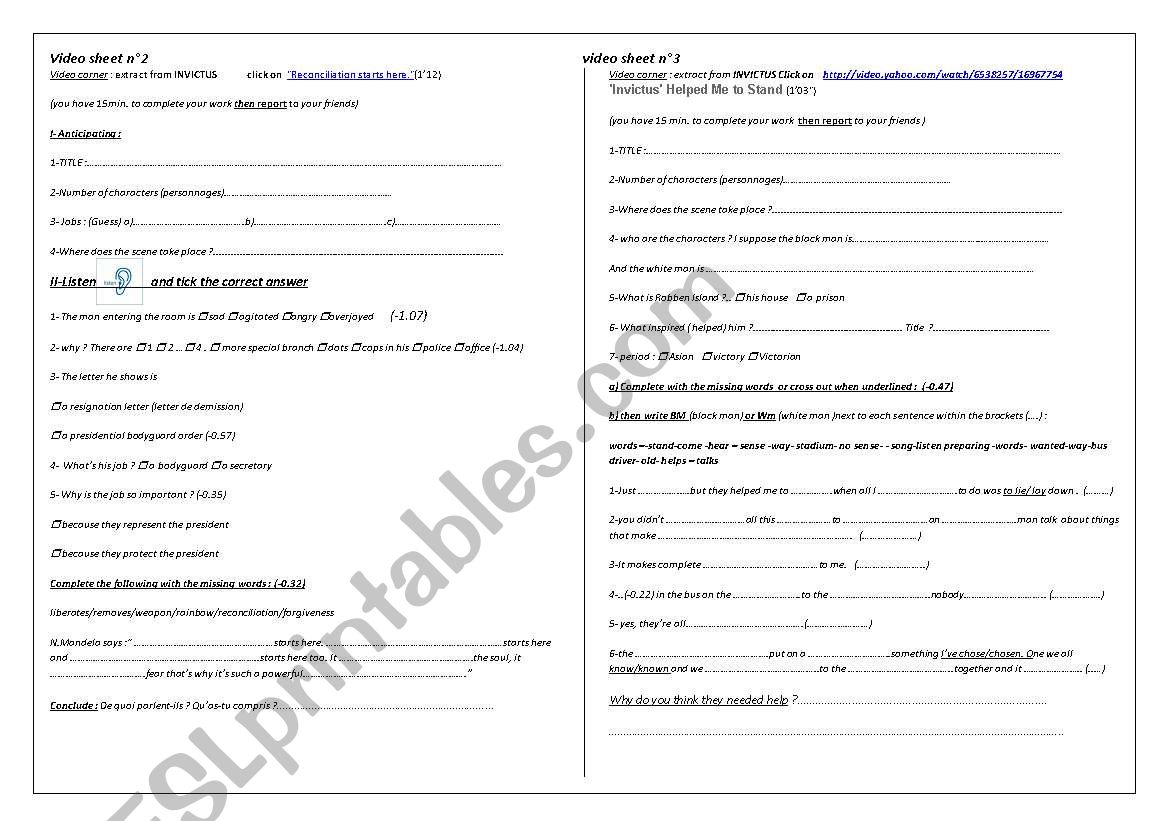 INVICTUS the film worksheet