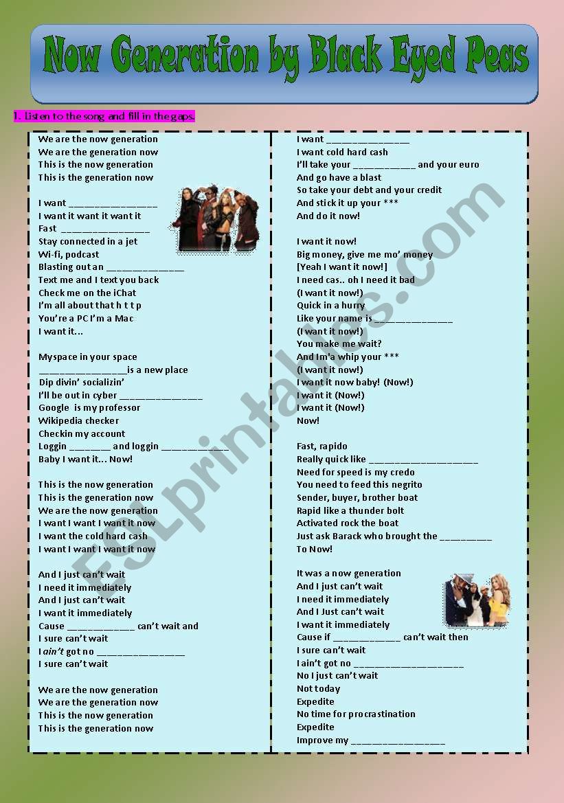 Song - Now Generation worksheet