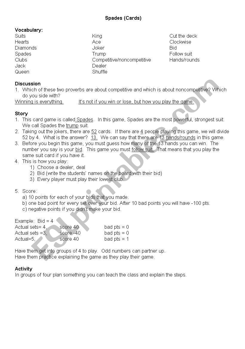 How to Play Spades worksheet