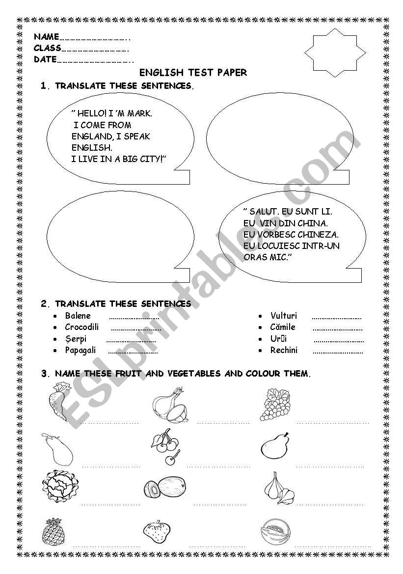 test paper elementary worksheet