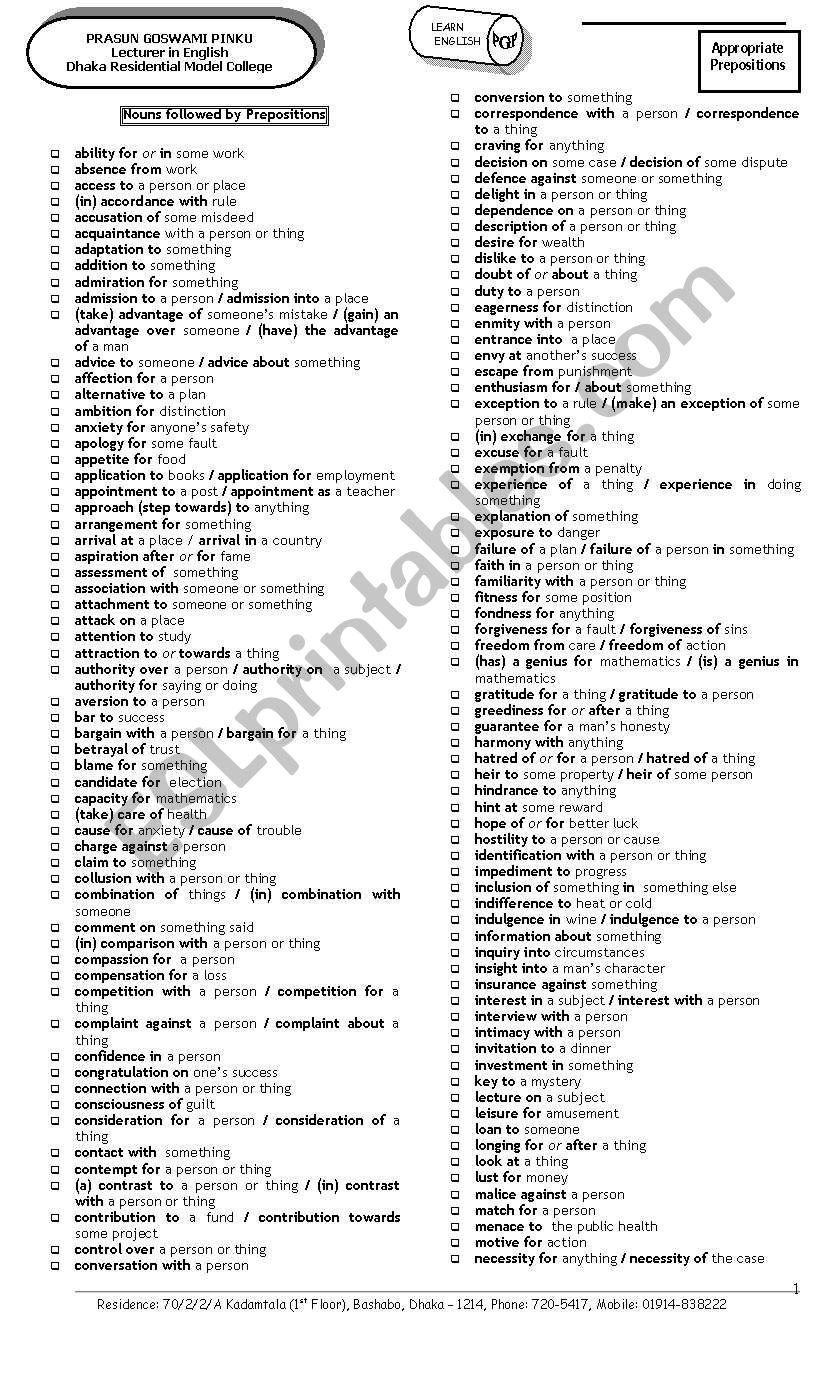 Appropriate Prepositions worksheet