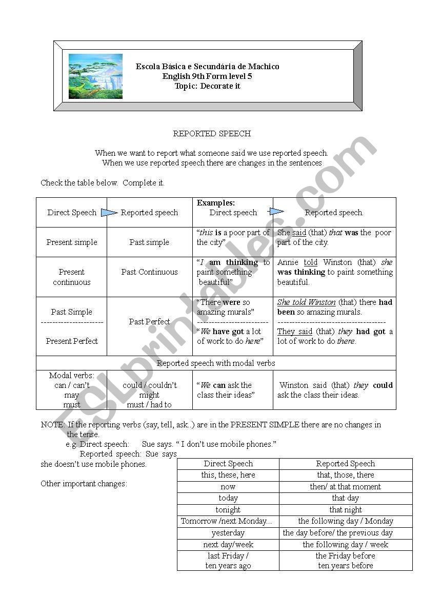 reported speech worksheet