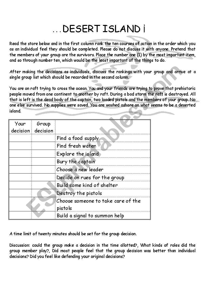 Desert Island worksheet