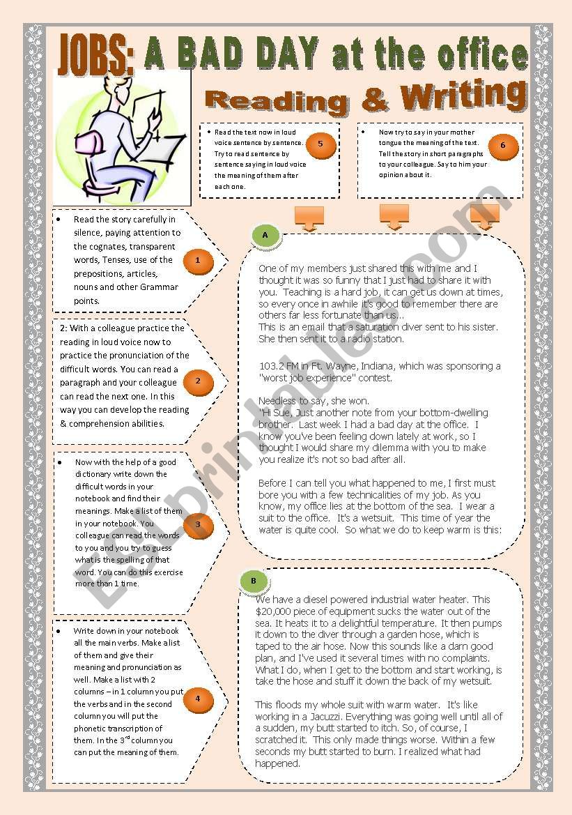 JOBS - A BAD DAY AT THE OFFICE - (4 Pages) Reading & Comprehension + 15  writing activities - ESL worksheet by starrr
