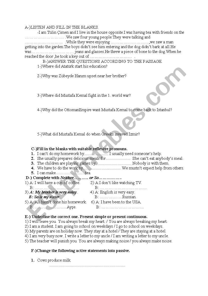 exam for 9th grade worksheet