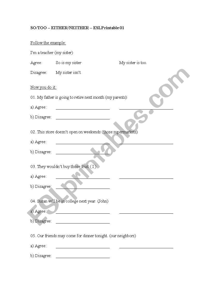 SO/TOO/EITHER/NEITHER worksheet