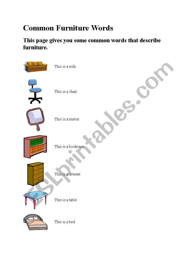 common furniture worksheet