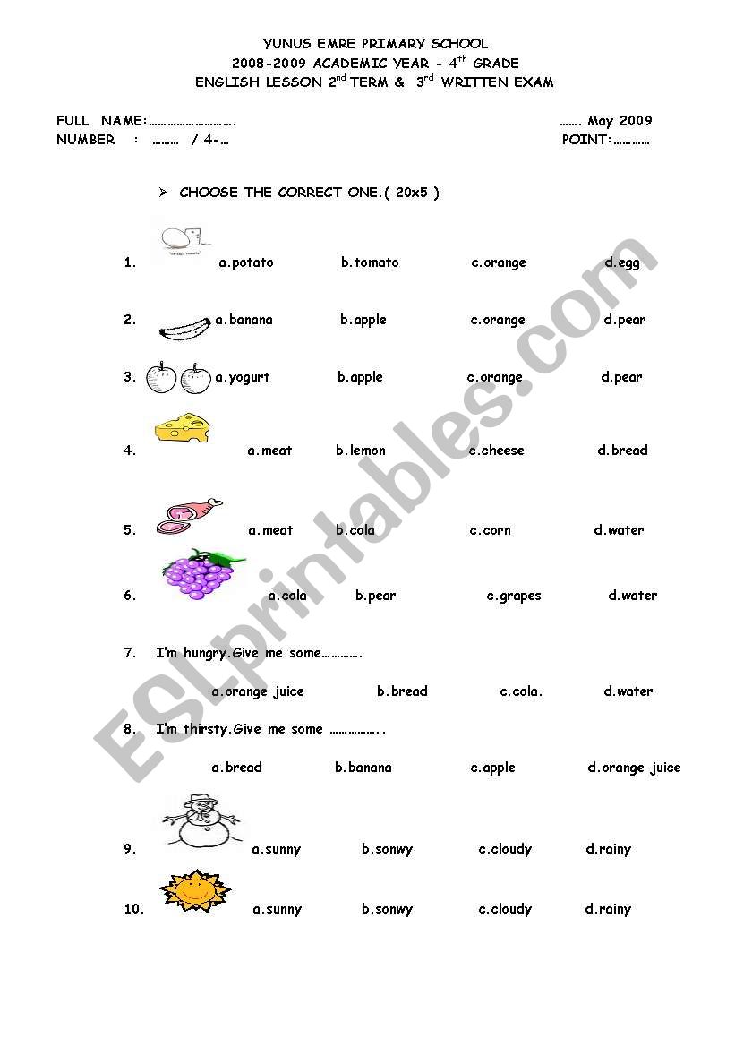 exam worksheet