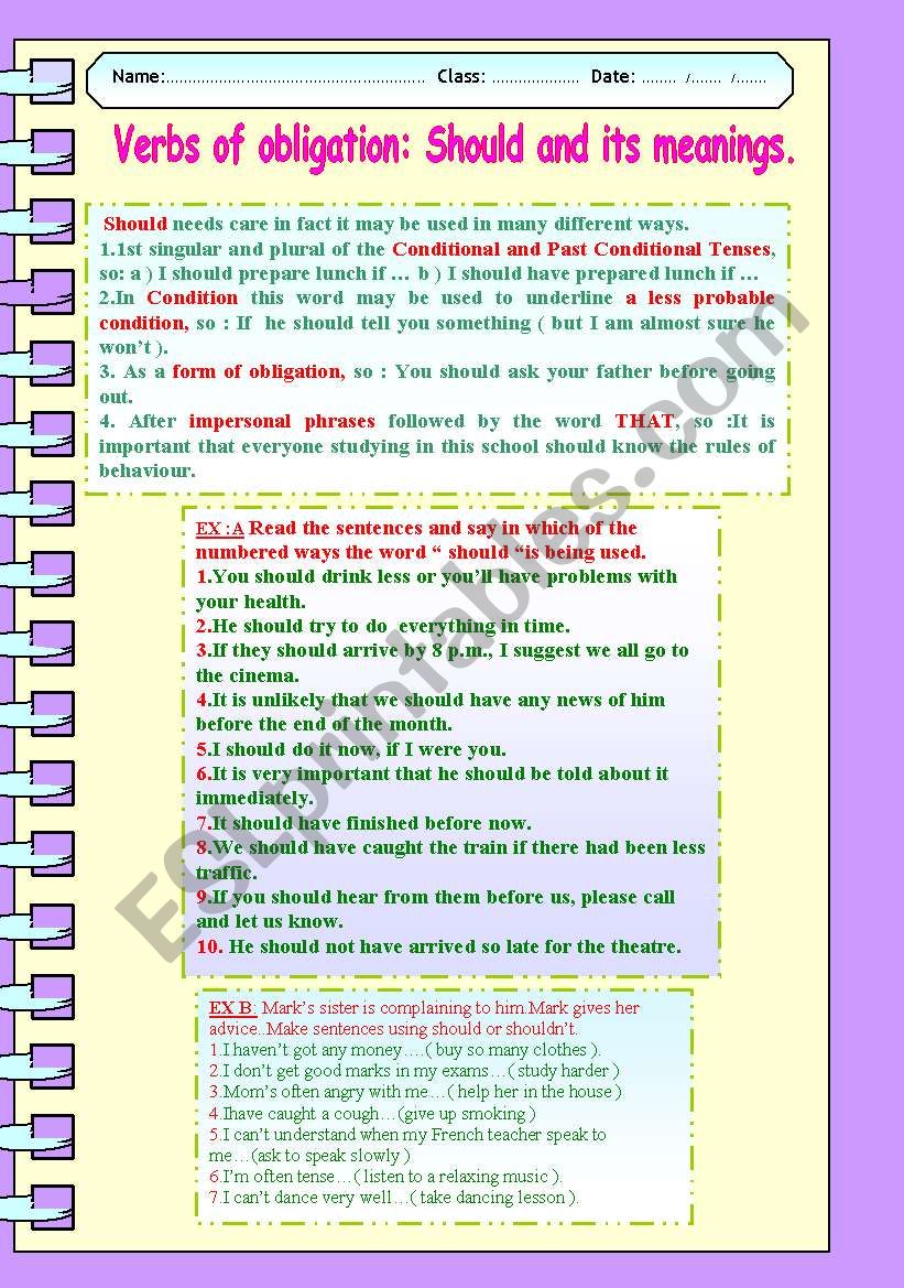 VERBS OF OBLIGATION : SHOULD  AND  ITS MEANINGS