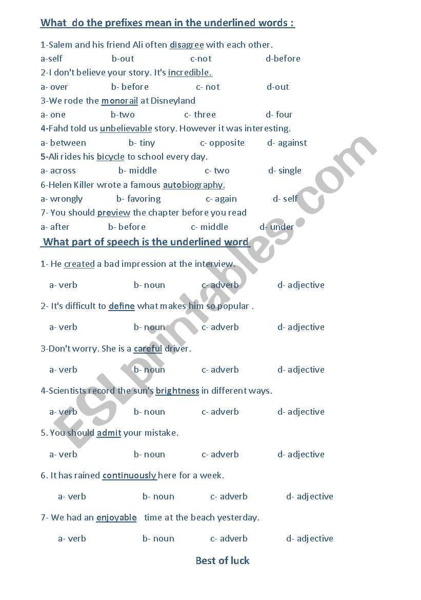 prefixes worksheet