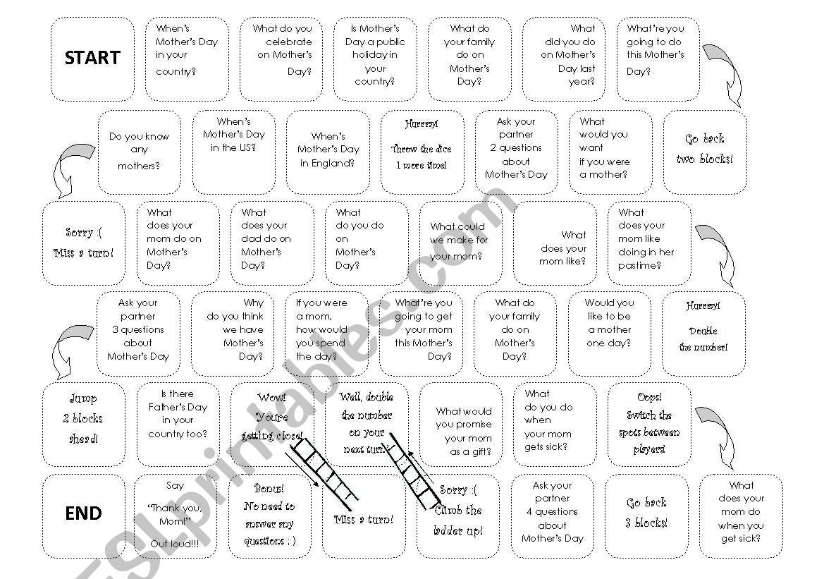 Mother´s Day Board Game (upper) Elementary Intermediate ESL