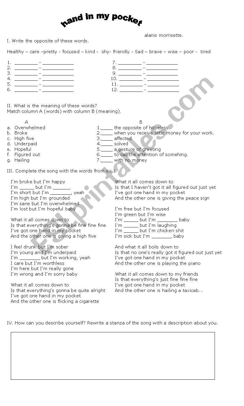 song: hand in my pocket worksheet