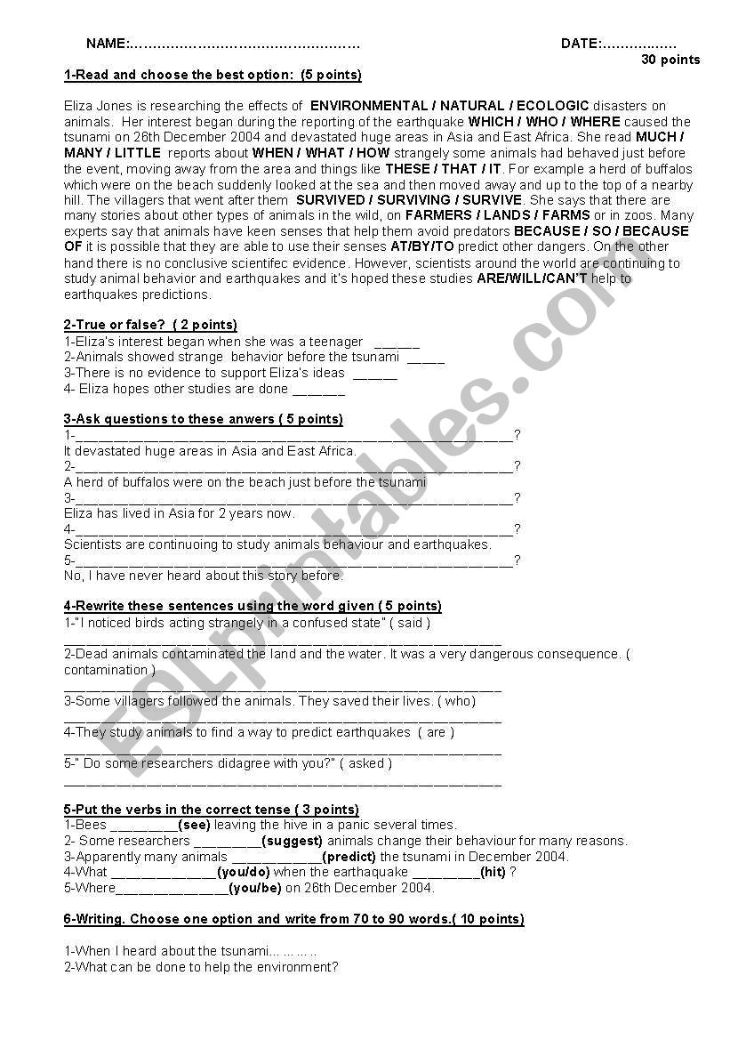 Test for intermediate level-environment-natural disasters