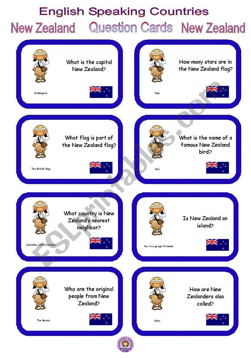    	English Speaking Countries - Question cards 7 - New Zealand