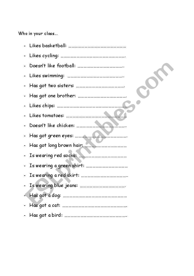 Who in you class? worksheet