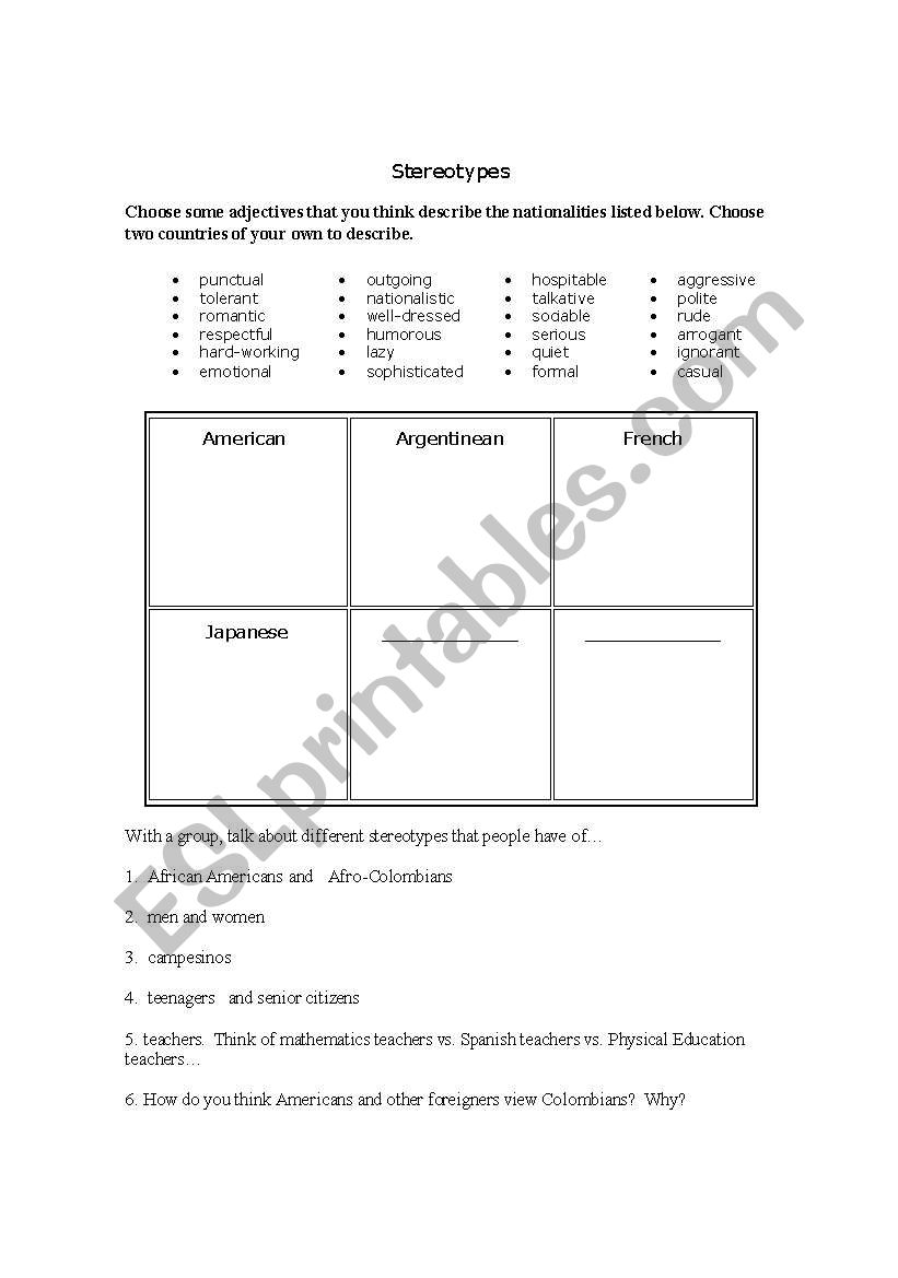 Stereotypes worksheet