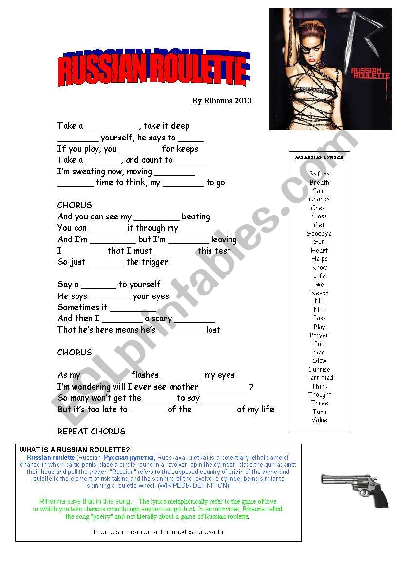 SONG, RIHANNA, RUSSIAN ROULETTE - ESL worksheet by isabel2010