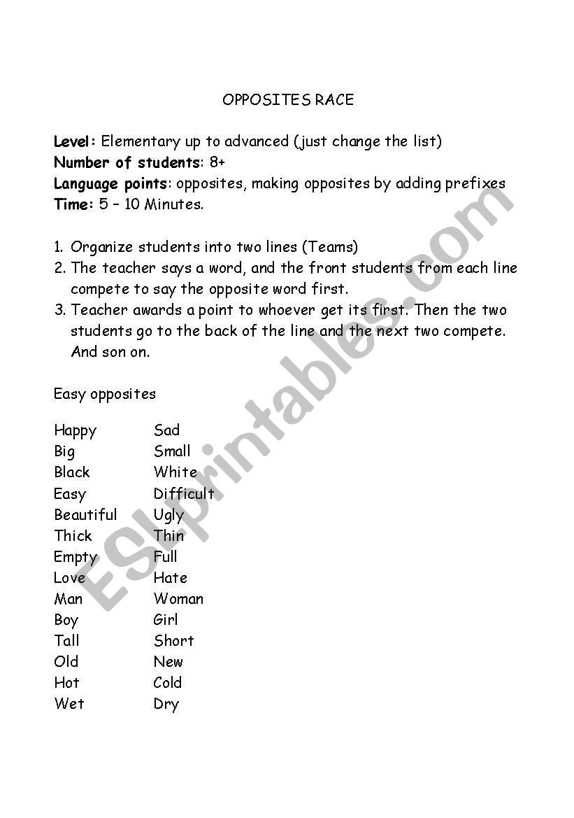 Opposite race worksheet