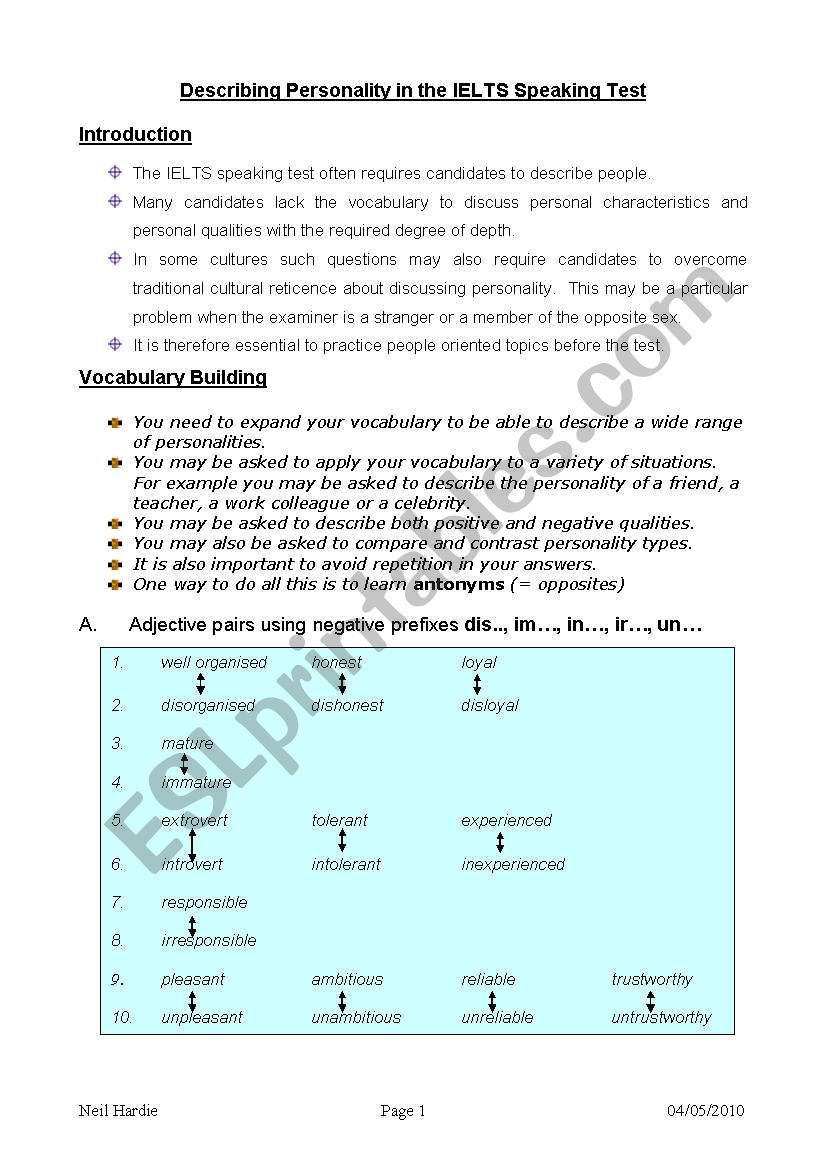 Describing Personality worksheet