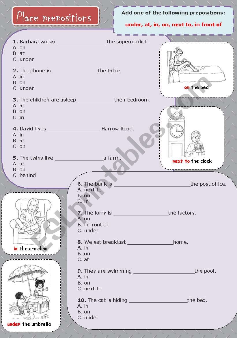 Place prepositions worksheet