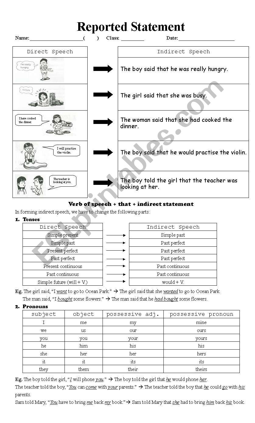 reported statements worksheet