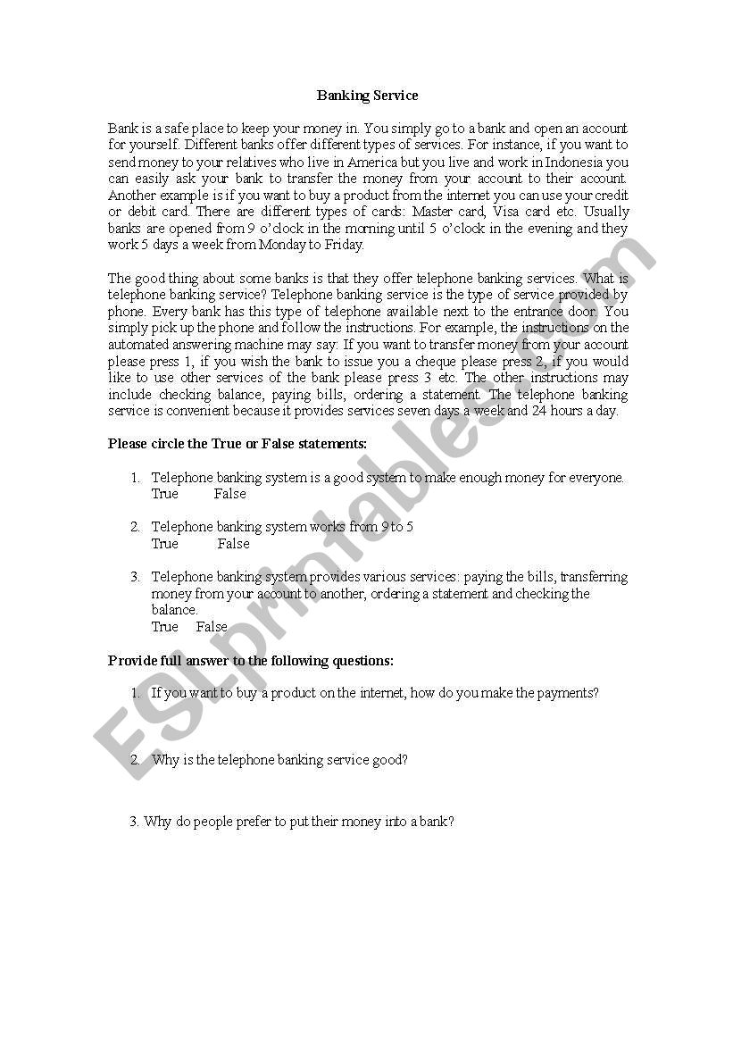 Banking service  worksheet