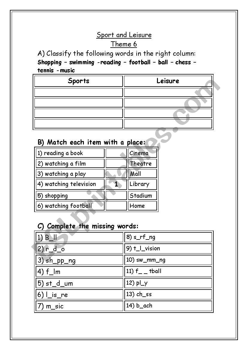 sport and leisure worksheet