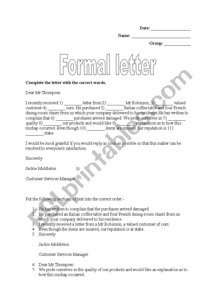 Formal letter worksheet