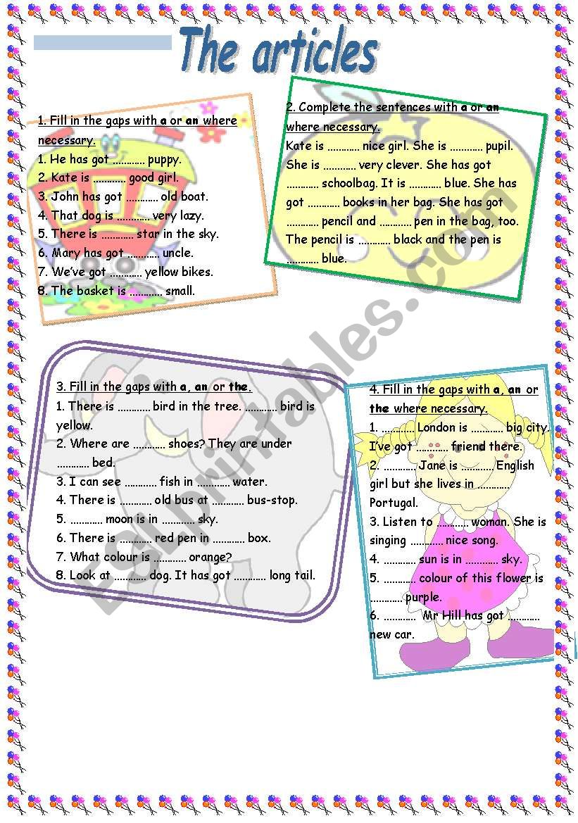 articles worksheet