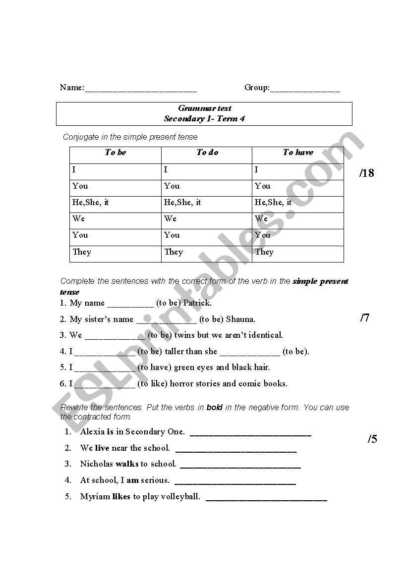 Grammar test worksheet