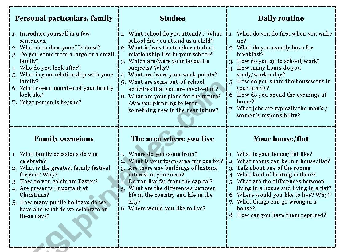 Intermediate topic cards worksheet