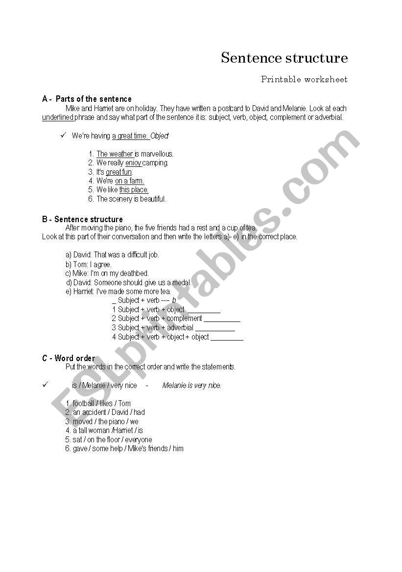 Sentence structure worksheet
