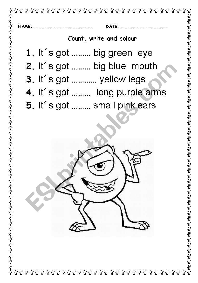 COUNT, WRITE AND COLOUR worksheet