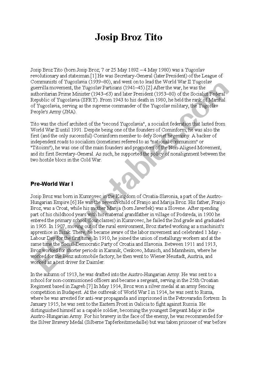 Josip Broz Tito worksheet