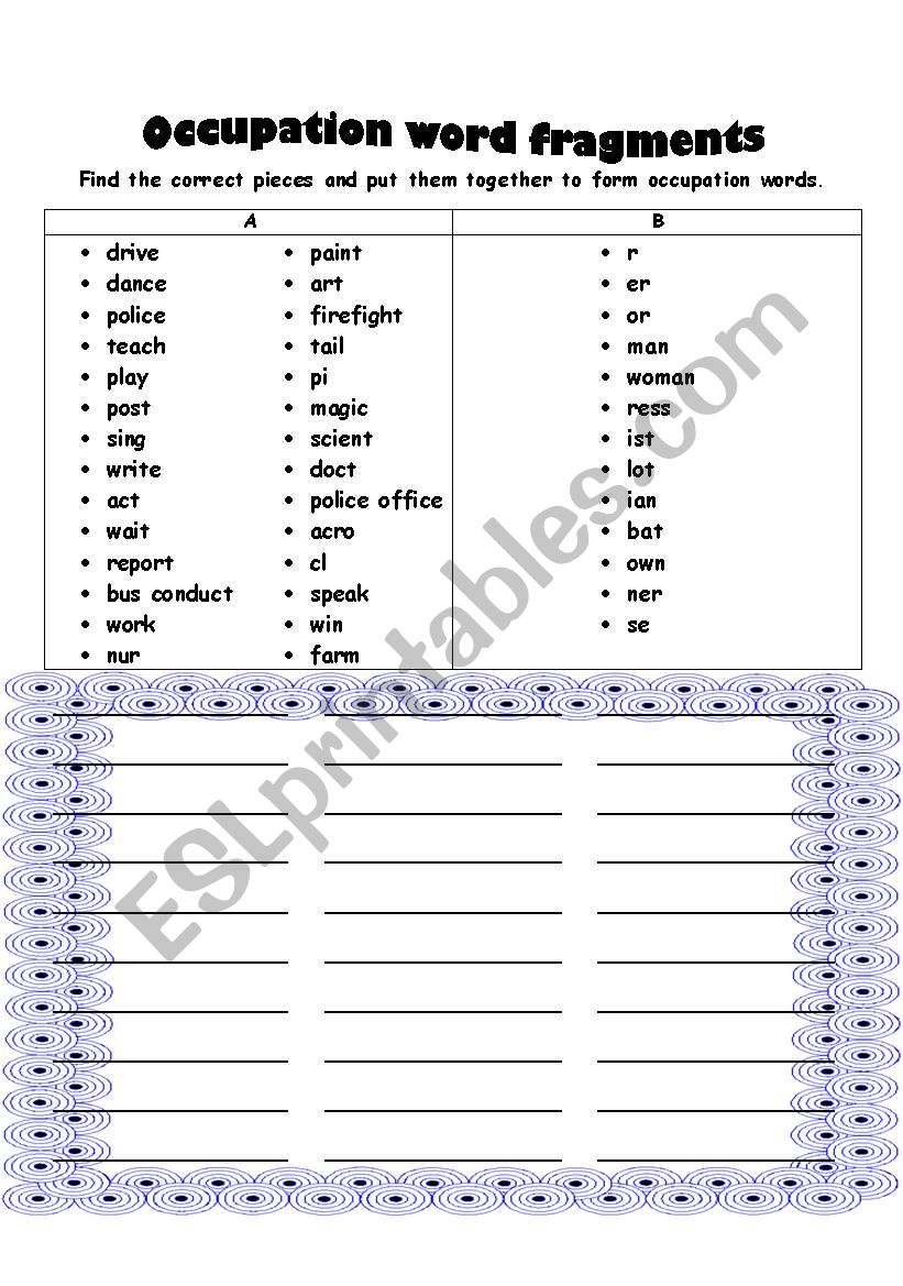 Occupation Word Fragments worksheet