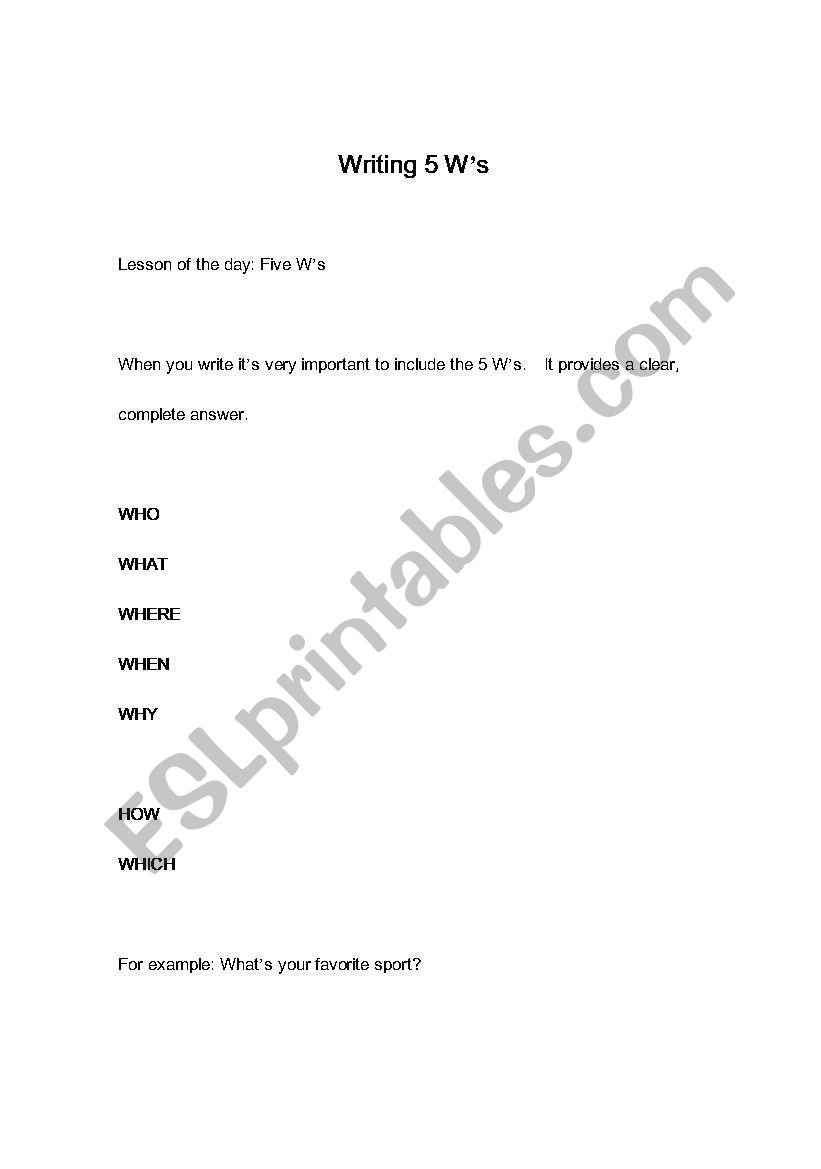 5 Ws worksheet