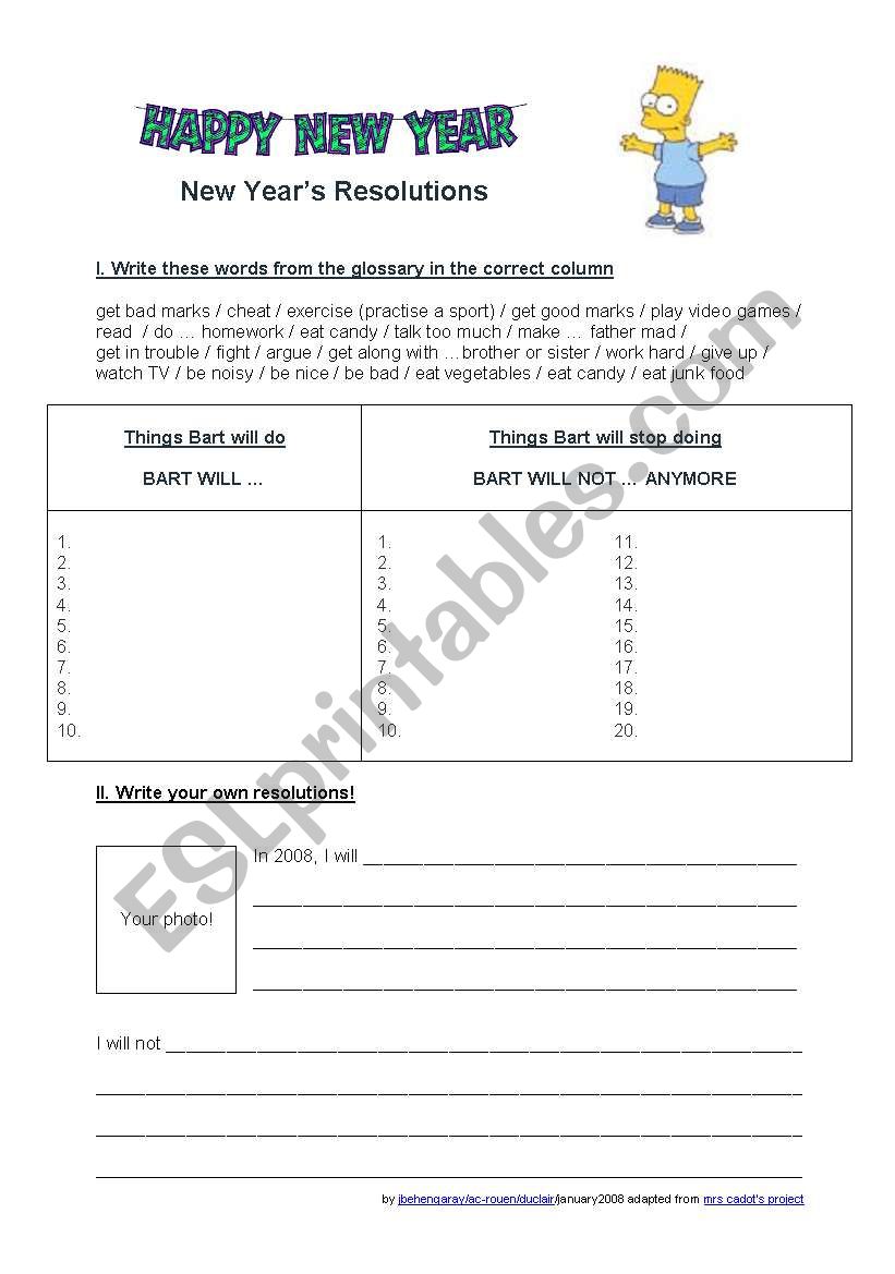 New Years Resolutions worksheet