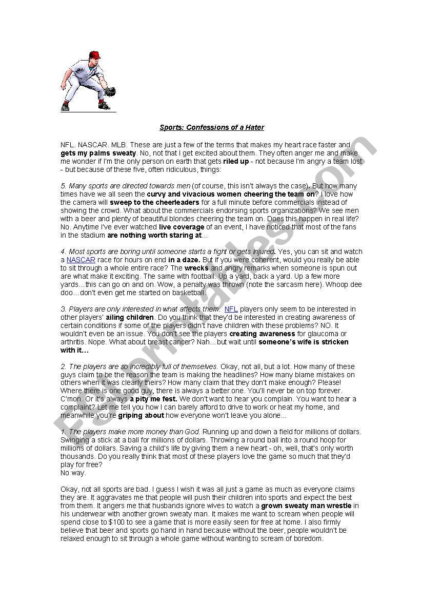 I hate sports! worksheet