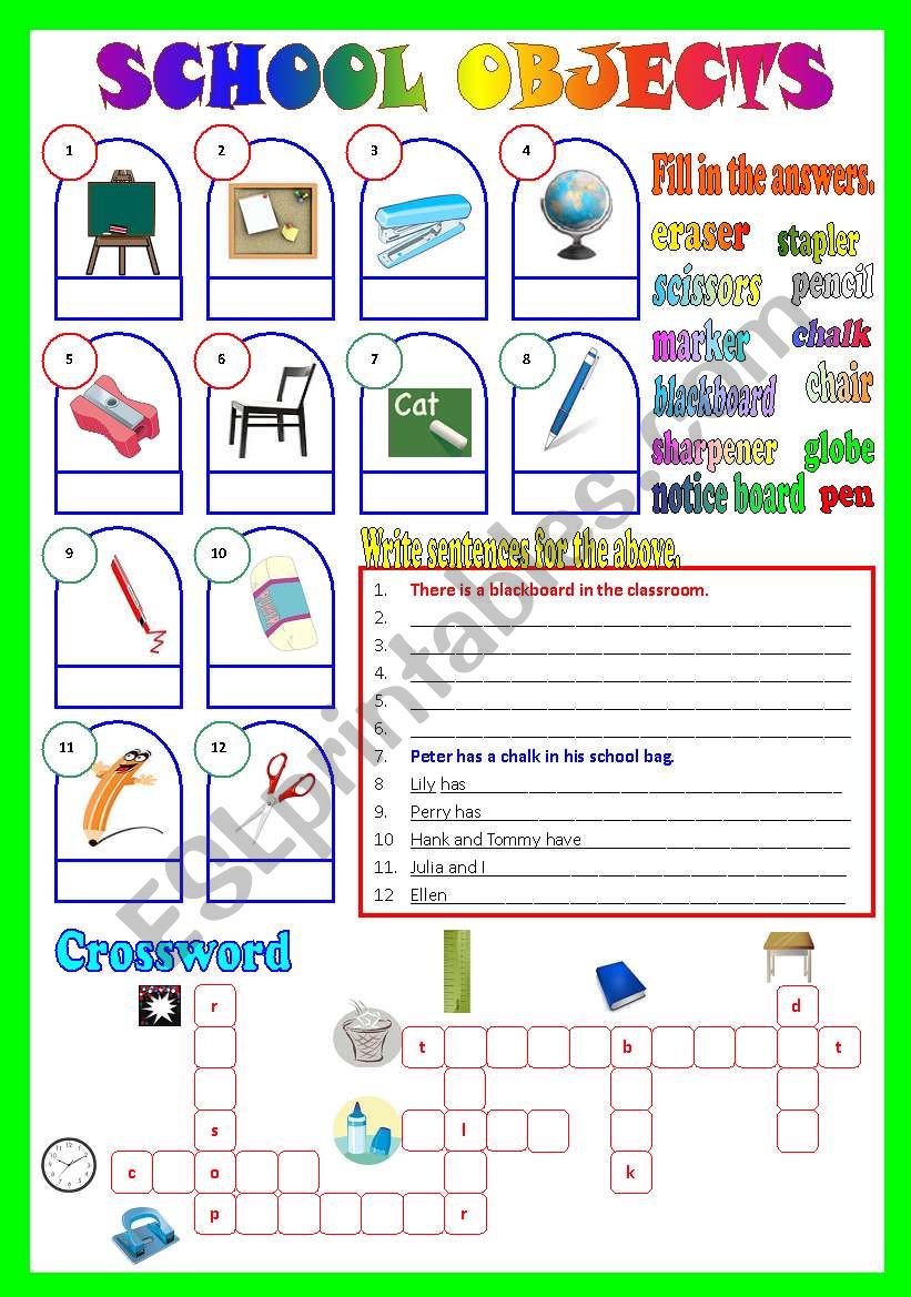 School Objects (B/W & Keys) worksheet