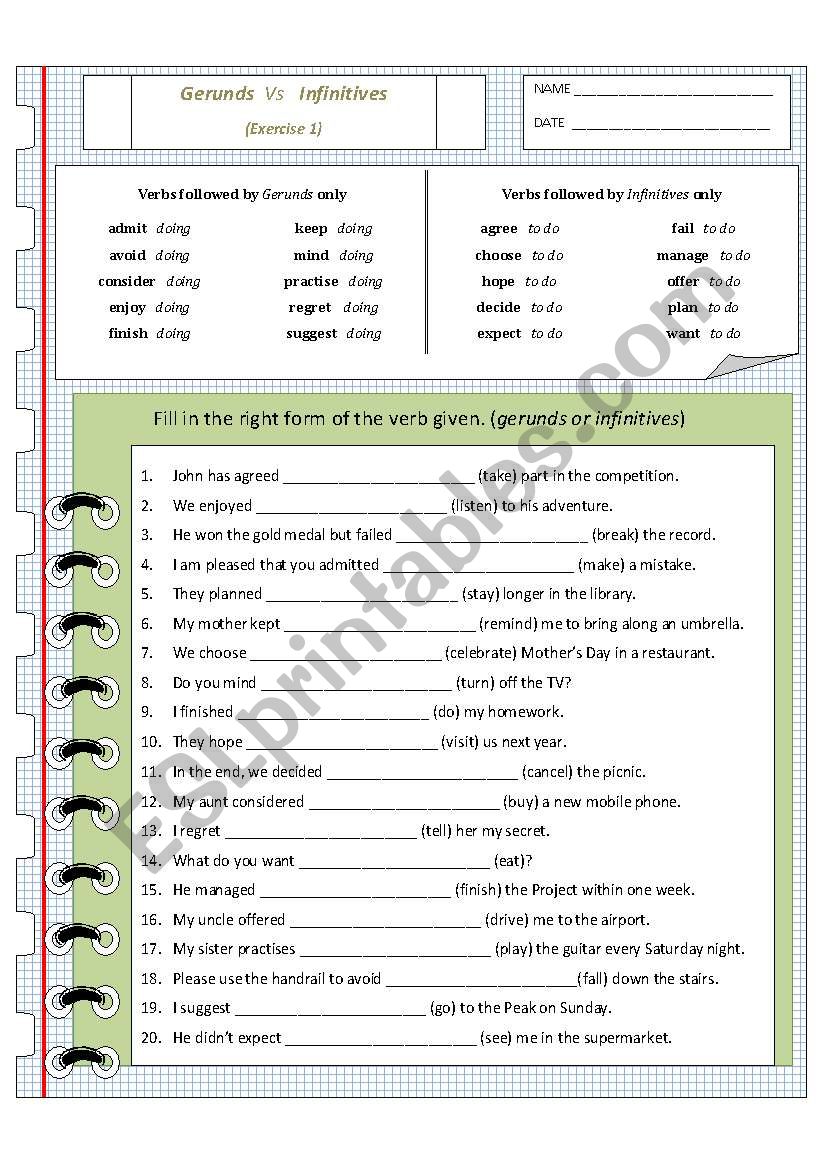 Verbs followed by Gerunds only or Infinitives only (Exercise 1 and Answer Key)