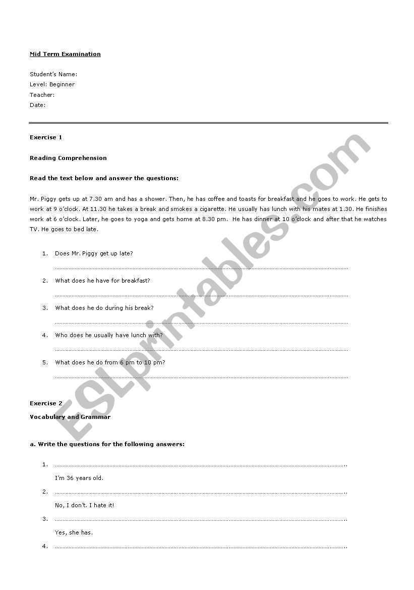 exam BEGINNERS worksheet