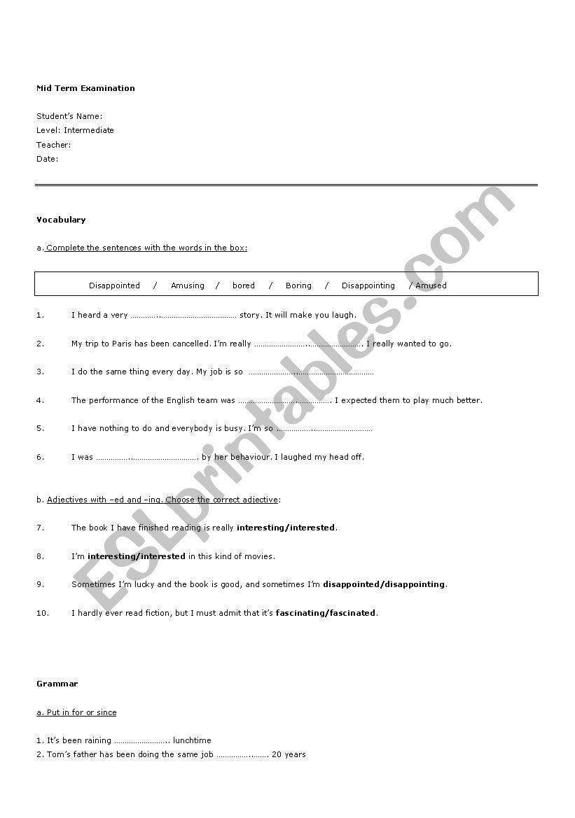 exam INTERMEDIATE worksheet